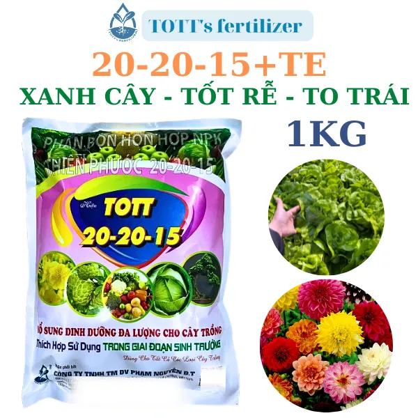 Phân NPK 20-20-15 - Gói 1kg TOTT's fertilizer, xanh cây kích hoa nở rộ, to trái