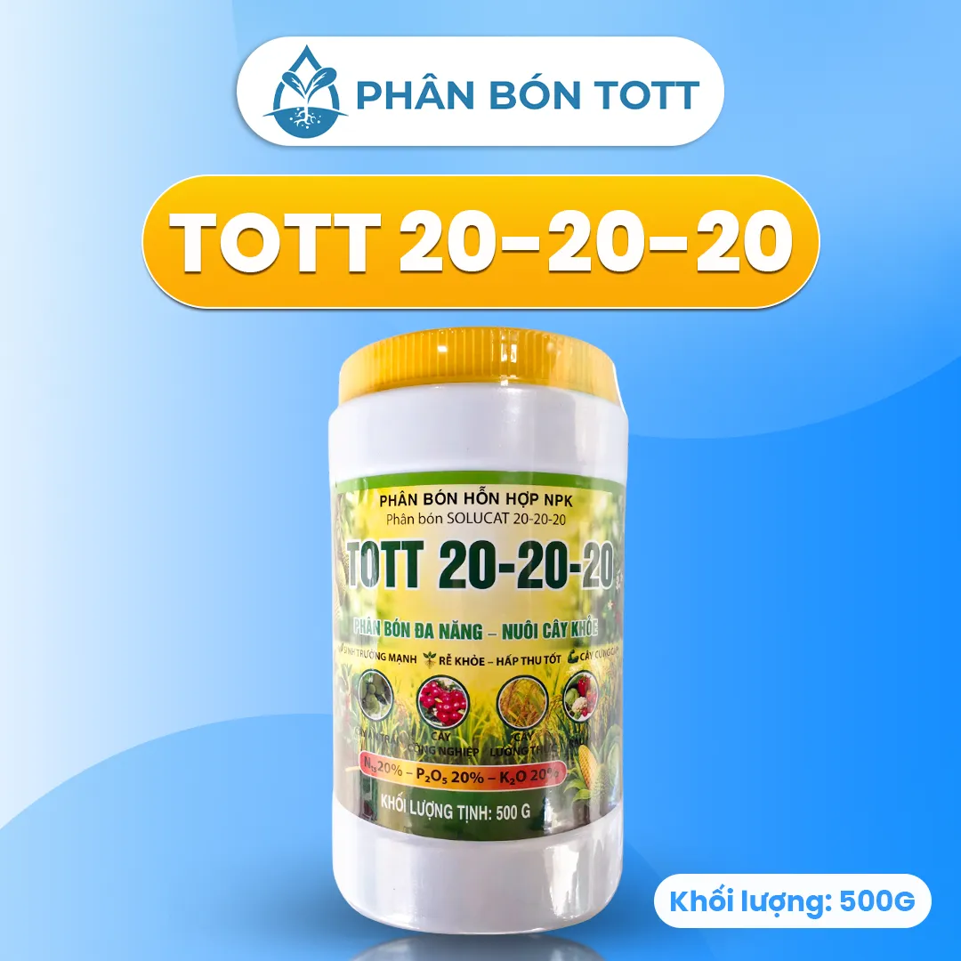 PHÂN BÓN TOTT 20-20-20 PHỤC HỒI CÂY, NUÔI TRÁI LỚN ĐỀU (HŨ 500G)