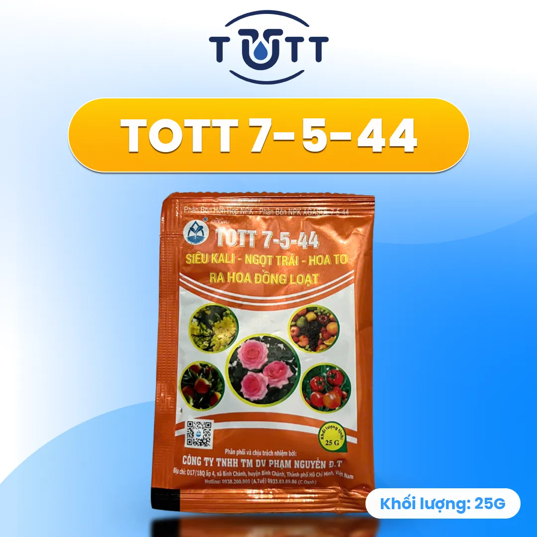 PHÂN BÓN NPK 7-5-44 + TE SIÊU KALI TOTT TO TRÁI, NGỌT QUẢ, CHẮC HẠT (GÓI 25G)